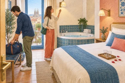 איור עריכתי בעפרונות צבעוניים של סוויטה פרטית בברצלונה עם מיטה, ג'קוזי ושני מבוגרים לבושים הנכנסים לחדר