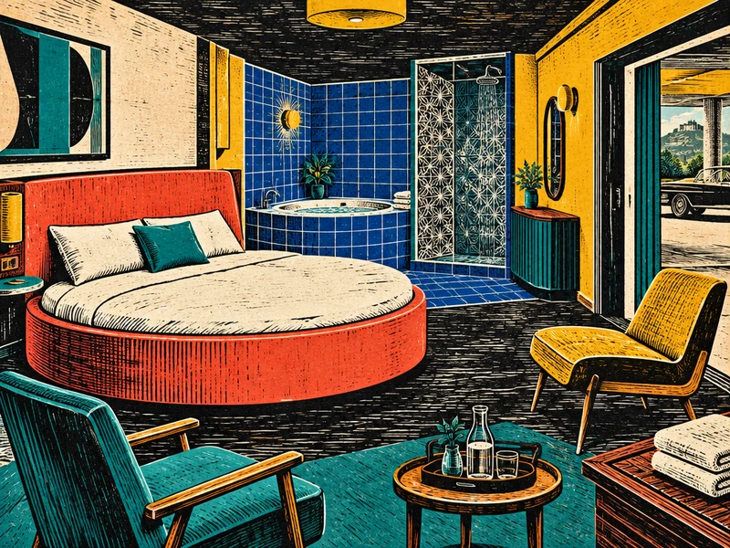 הדפס לינולאום צבעוני של סוויטת רטרו בברצלונה עם מיטה עגולה, אמבט עיסוי, מקלחת ופינת ישיבה
