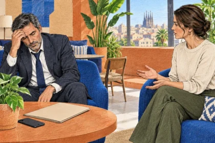 איור מדיה מעורבת של עורך דין עייף ואישה בוגרת המשוחחים על גבולות במלון בברצלונה