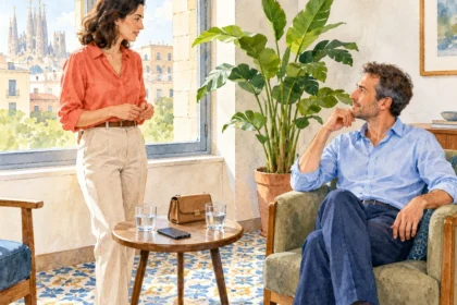 איור אקוורל של אישה וגבר בגירים ומשוחחים במרחק מכבד בטרקלין מלון מואר בברצלונה