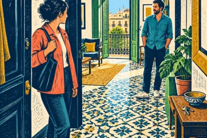 הדפס לינולאום צבעוני המציג אישה וגבר בוגרים ולבושים בכניסה לדירה צנועה בברצלונה, תוך שמירה על מרחב אישי