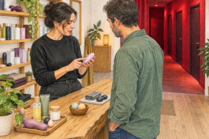 איור בעפרונות צבעוניים של חנות למוצרי מין בברצלונה, עם צוות ולקוח בגירים ליד הדלפק ומסדרון המוביל לתאים פרטיים ברקע