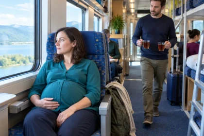 ליזה ההרה יושבת ליד חלון בקרון שינה פתוח בזמן שדימה חוזר אליה עם שתי כוסות תה