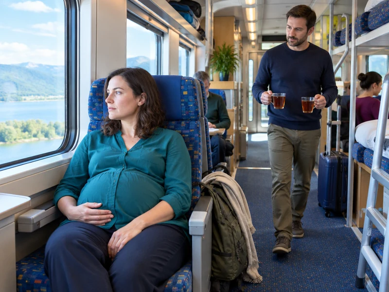 ליזה ההרה יושבת ליד חלון בקרון שינה פתוח בזמן שדימה חוזר אליה עם שתי כוסות תה